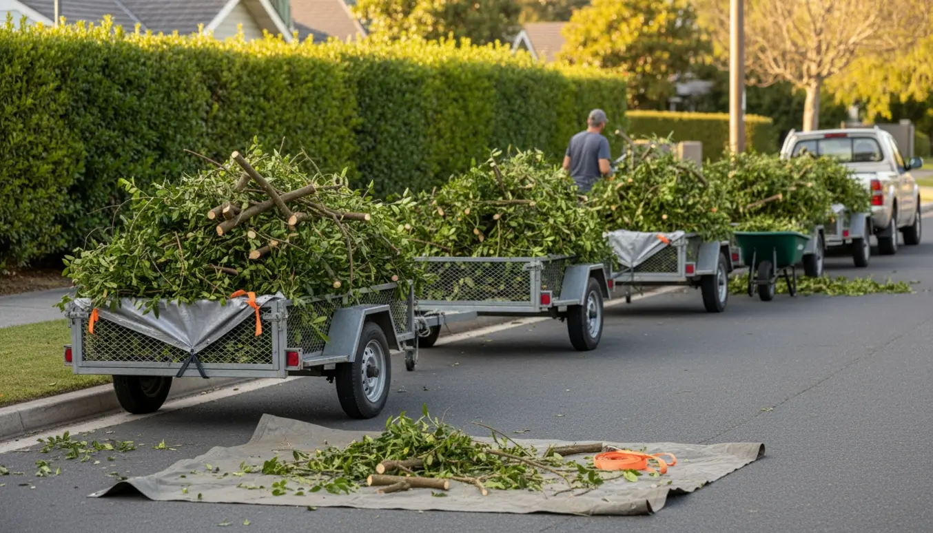 Flere små trailere fyldt med nyskårne ligustergrene ved vejkanten klar til bortkørsel.