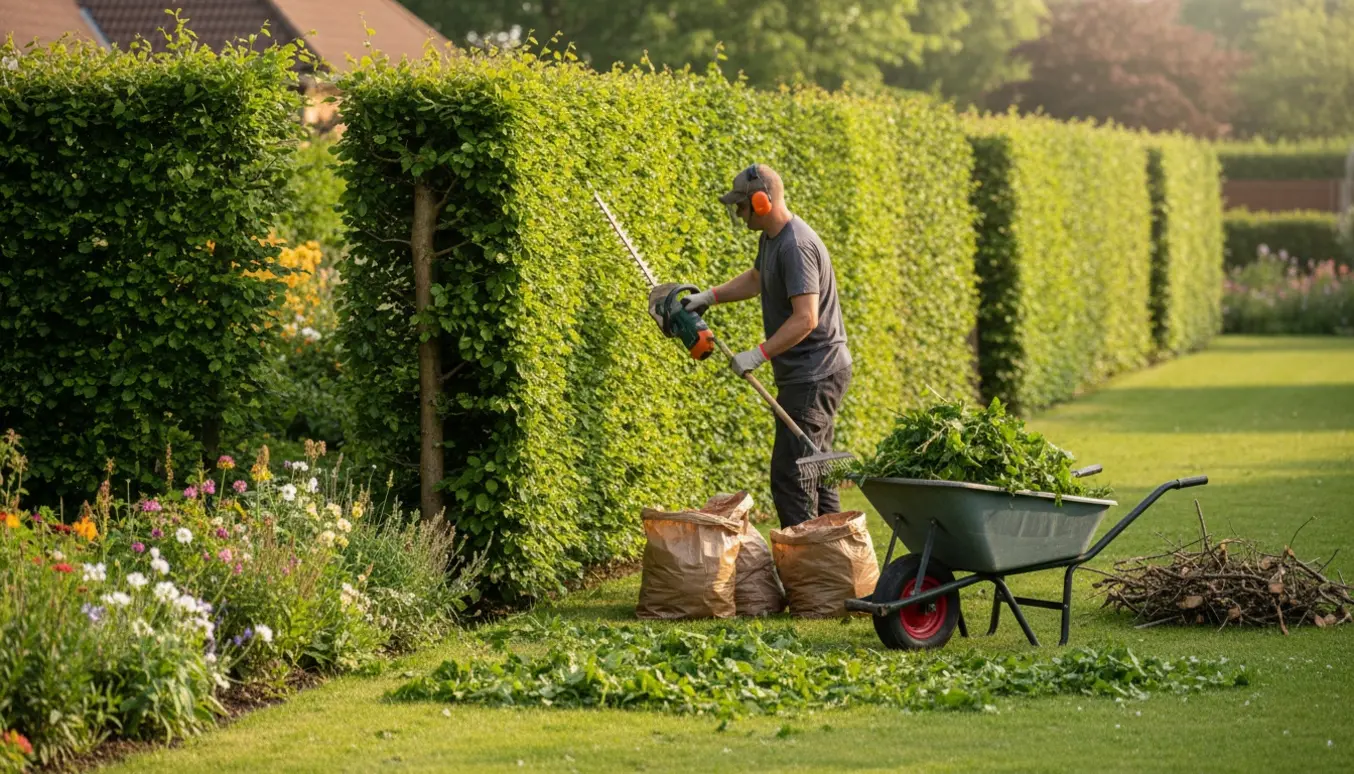 En person trimmer en høj bøgehæk, mens afklip samles i en trillebør og gartnerposer til bortskaffelse.