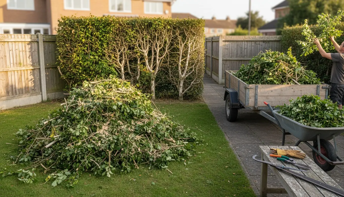Store bunker af nyafklippet bøgehæk i bag- og forhave med trailer og trillebør klar til afhentning.