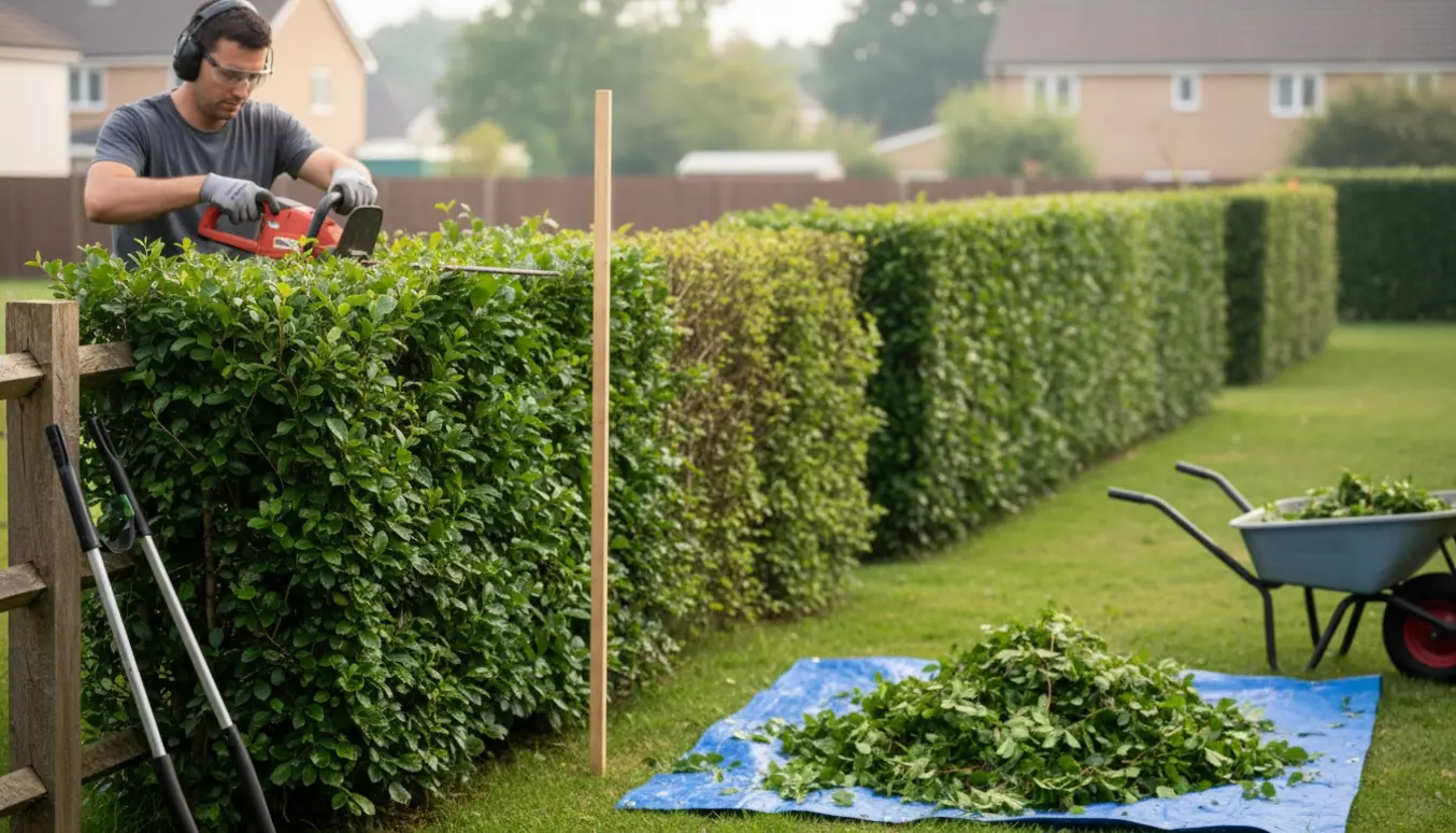 Person klipper en bøgehæk med hækkeklipper, afklip samlet på presenning og i trillebør.