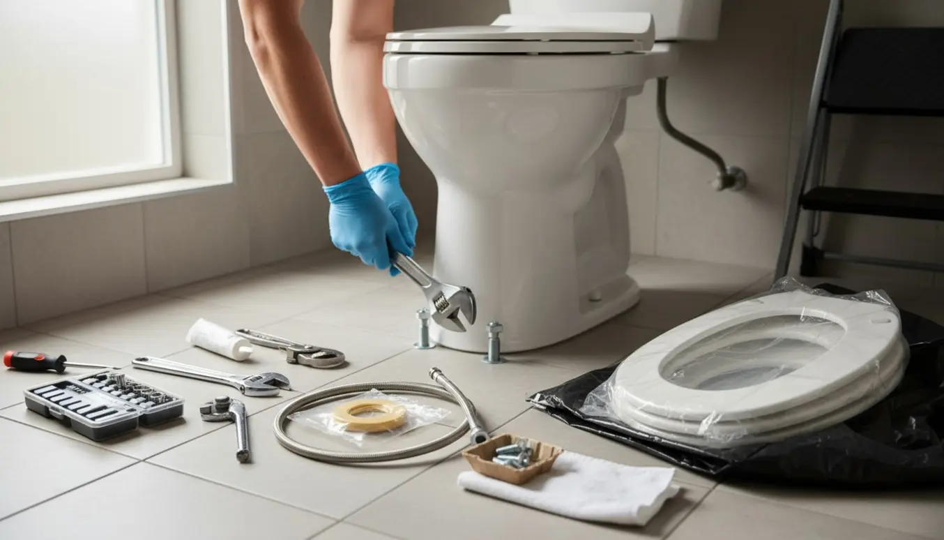 Hænder monterer et nyt hvidt toilet og toiletsæde i et lyst badeværelse, mens det gamle er klar til bortskaffelse.