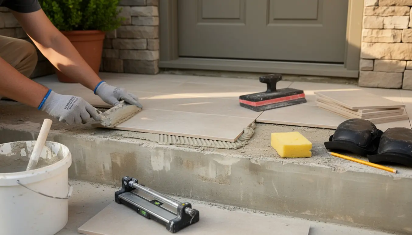 Nærbillede af renovering af hovedtrappetrin med nye fliser og værktøj.