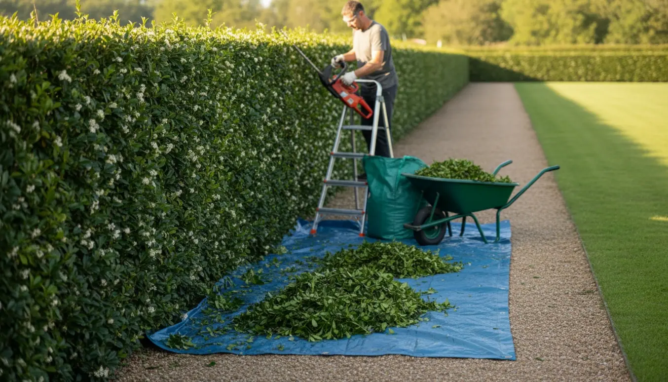 Lang ligusterhæk bliver klippet i en solrig have, med grene samlet i trillebør og haveaffaldspose.