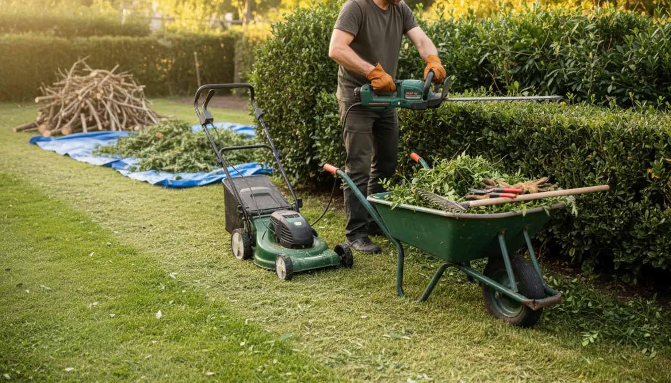 En overgroet have, hvor hæk og græs bliver klippet, med nyslået græs og haveredskaber synlige.