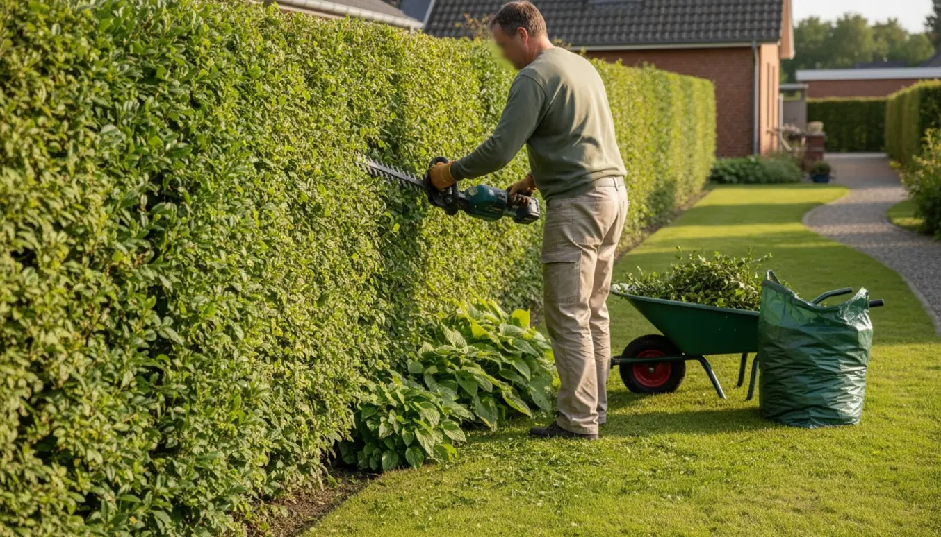 En håndværker trimmer en 180 cm høj ligusterhæk med hækkeklipper, trillebør og bunke af afklip i en dansk forhave.