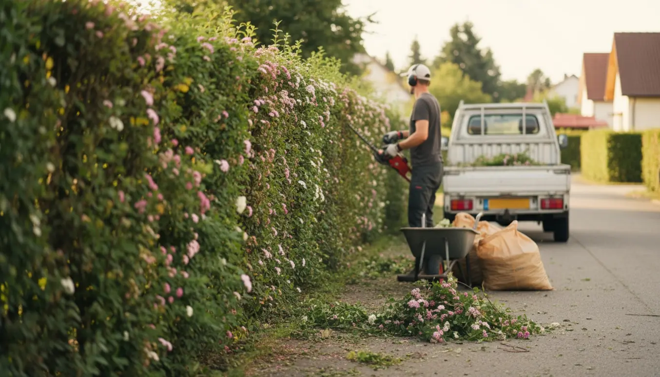 En spirea-hæk på 1,8 m bliver klippet, og afklip samles i vogn og sække klar til bortkørsel.
