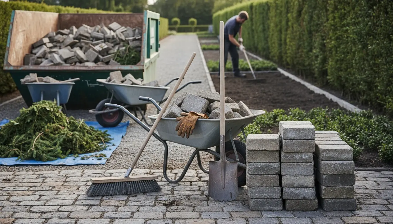 Haveoprydning med stak herregårdssten, skottelvogne, container og en nyklippet hæk i baggrunden.