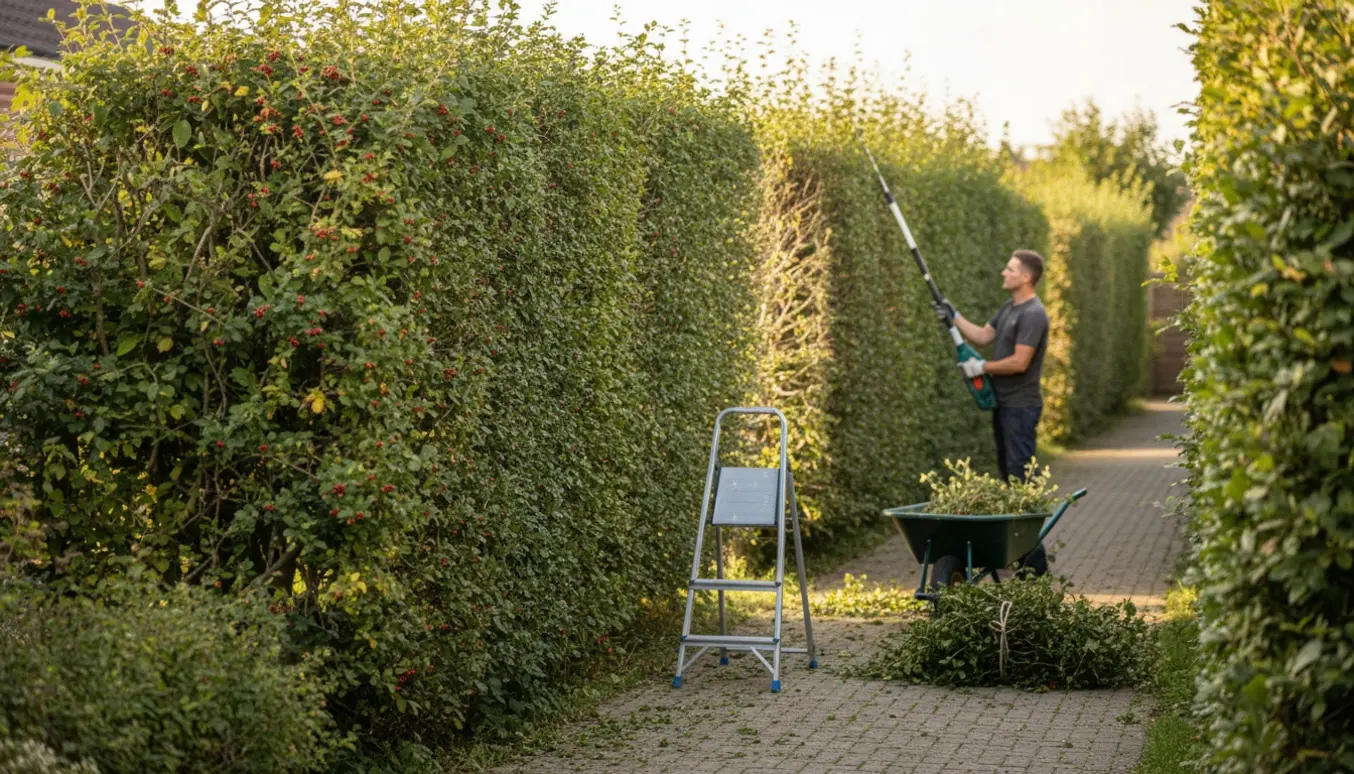 En person trimmer en høj tjørnehæk med en forlængelig hække-klipper, med en bunke af afklip ved stien.