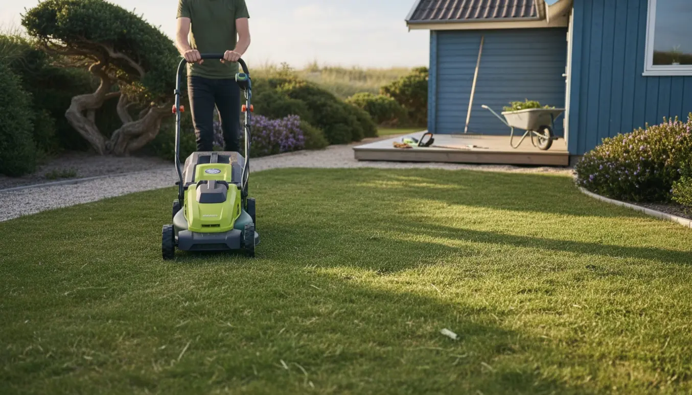 Havemand set bagfra, der slår græs og trimmer buske ved et lille sommerhus i Løgstør.