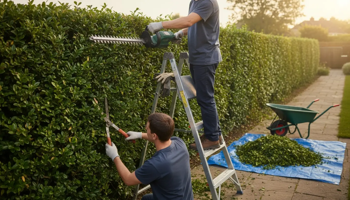 Person trimmer en lang ligusterhæk fra en stige med hækklipper, afklip samlet i en trillebør.