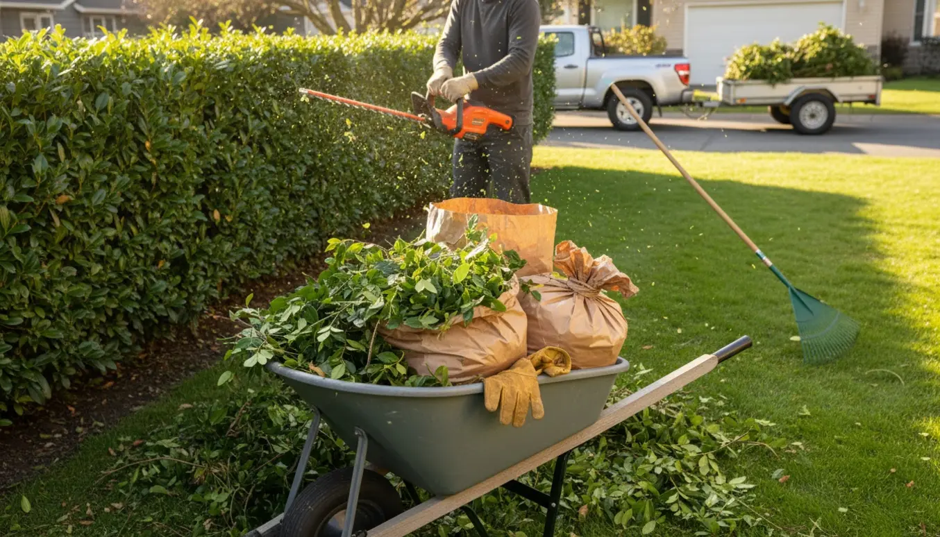 Nedklippet hæk med trillebør fyldt med haveaffald og handsker klar til bortkørsel.