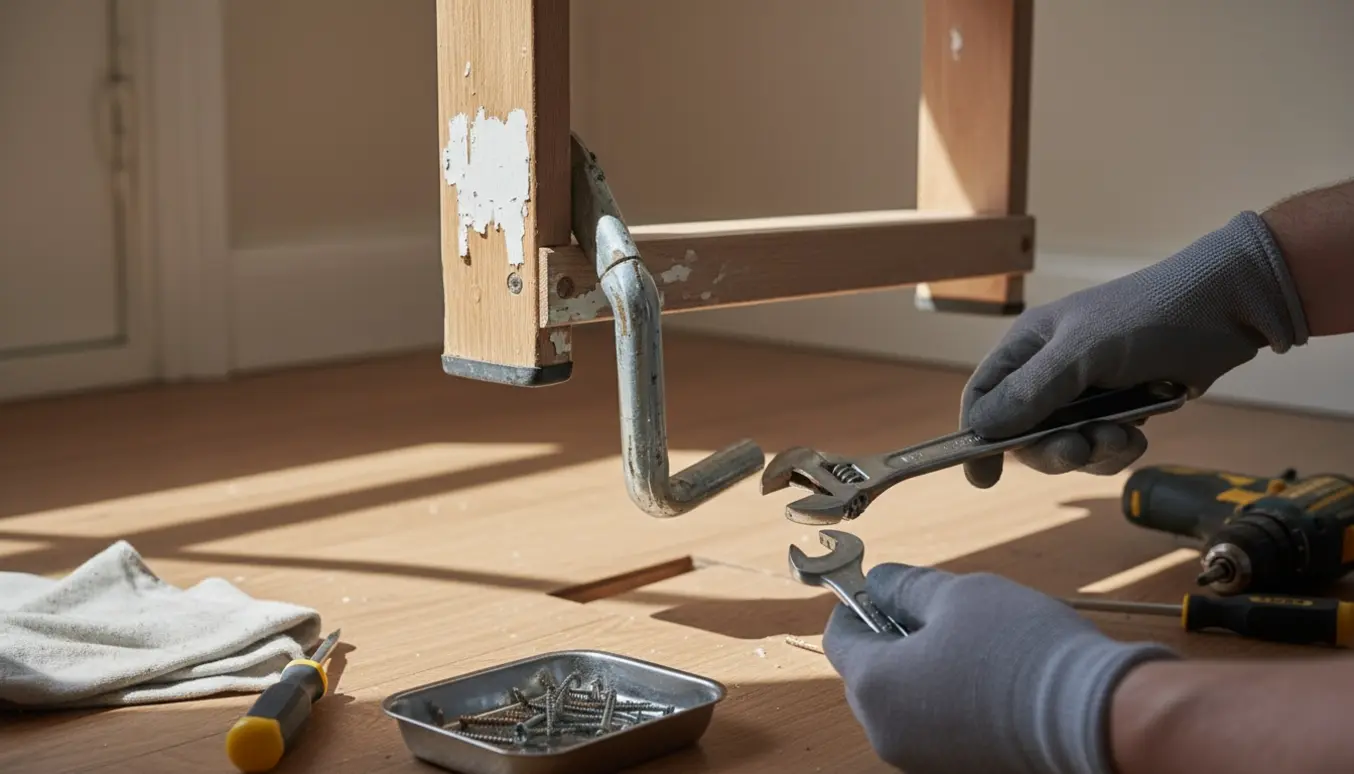 En hånd med arbejdshandske udskifter et bøjet hængsel på en loftstrappe, der ikke når gulvet.