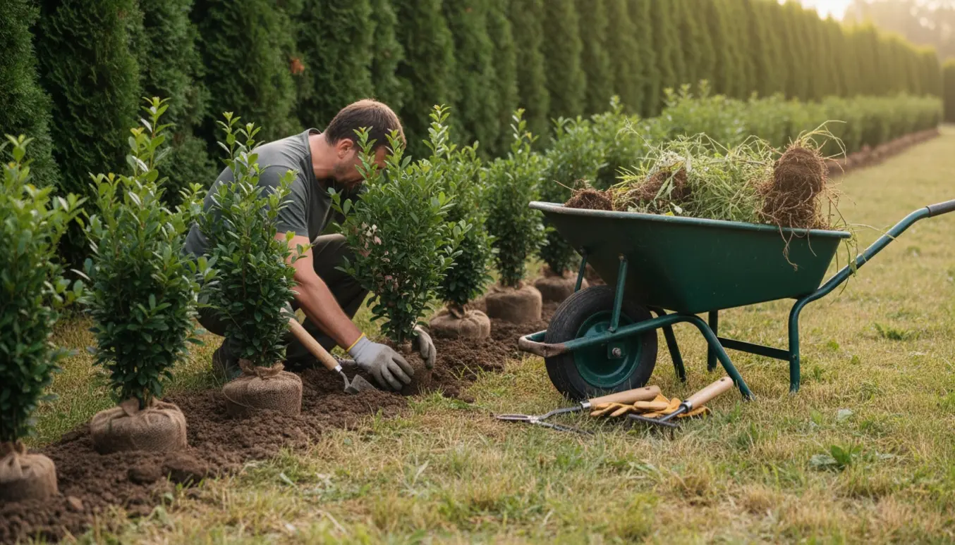 Håndplantning af nye hækplanter og fjernelse af ukrudt langs en lang hæk med værktøj i forgrunden.