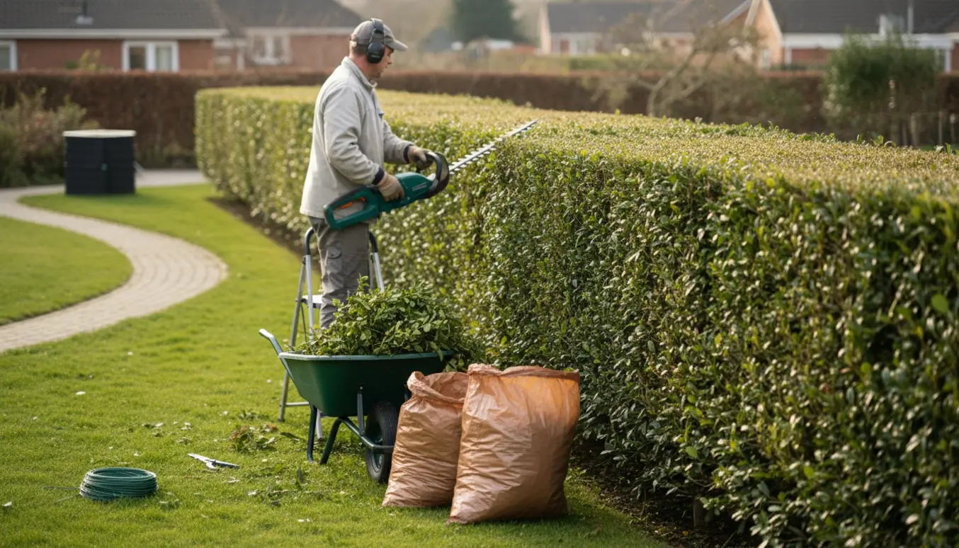 En person trimmer en lang ligusterhæk, mens afklip samles i en trillebør.