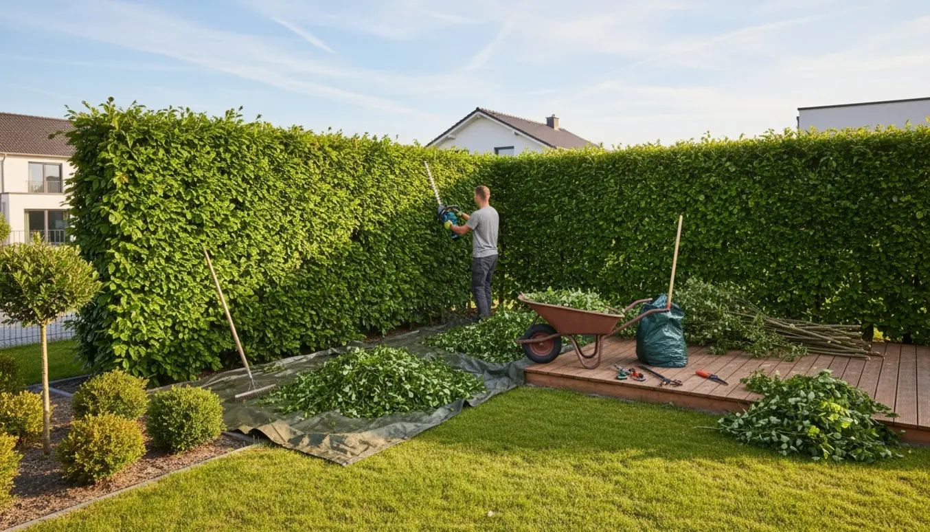 En beskytter trimmer en høj bøgehæk ved hjørnet af en grund, med klippeaffald i trillebør og beskårne buske ved terrassen.