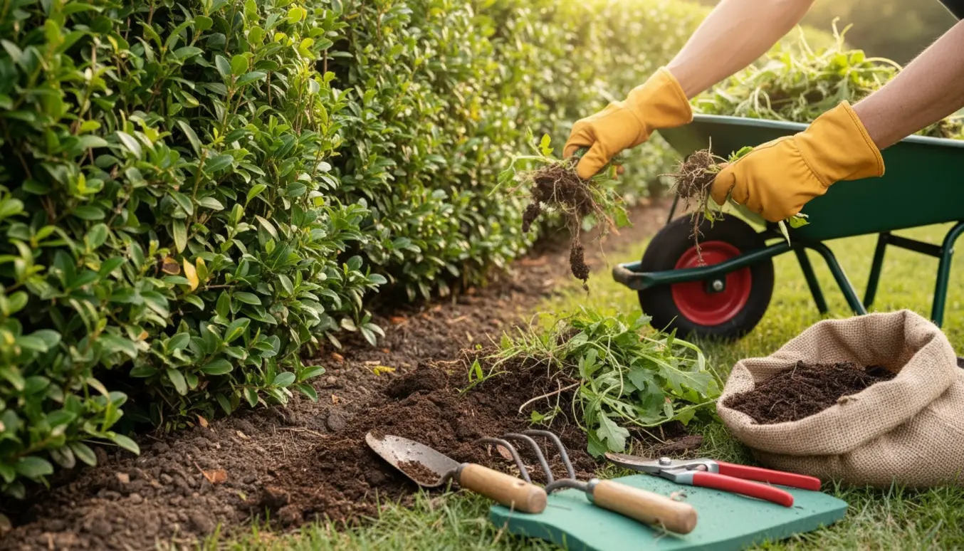 Hækkekant med handske-klædte hænder, der fjerner ukrudt og lægger det i en bunke ved en trillebør.