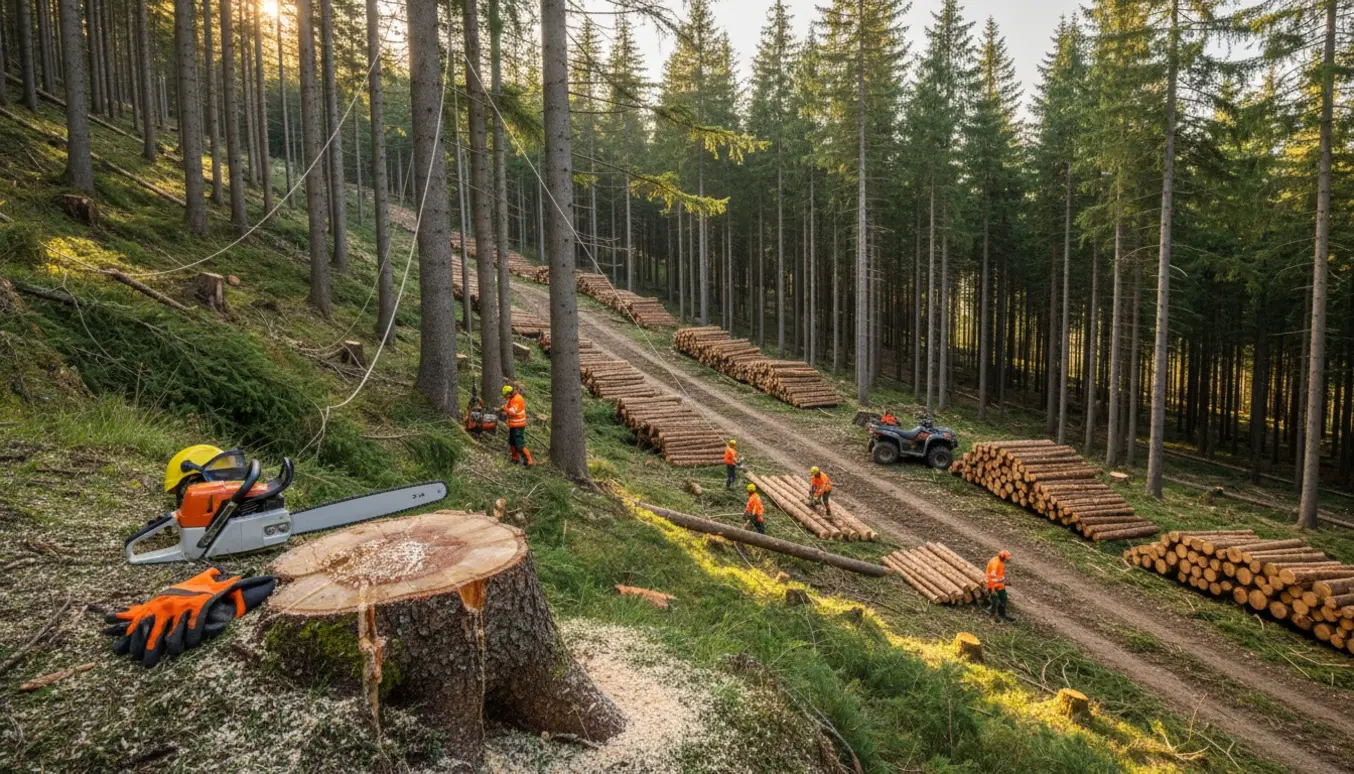Træfældning i tæt nåleskov med arbejdere i sikkerhedsudstyr og stakke af skårne stammer på en skråning.