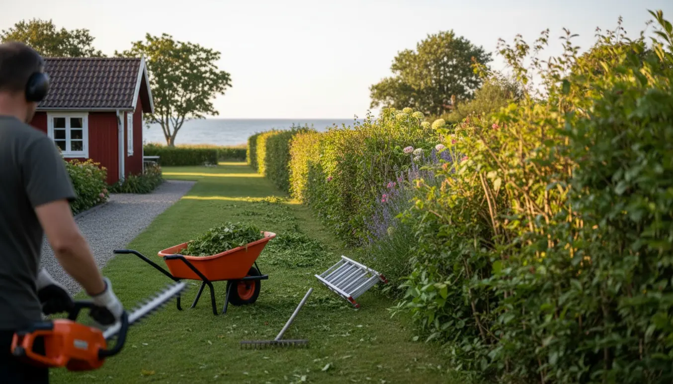 Sommerhus have på Jungshoved med en person, set bagfra, der trimmer en lang hæk langs græsplænen.