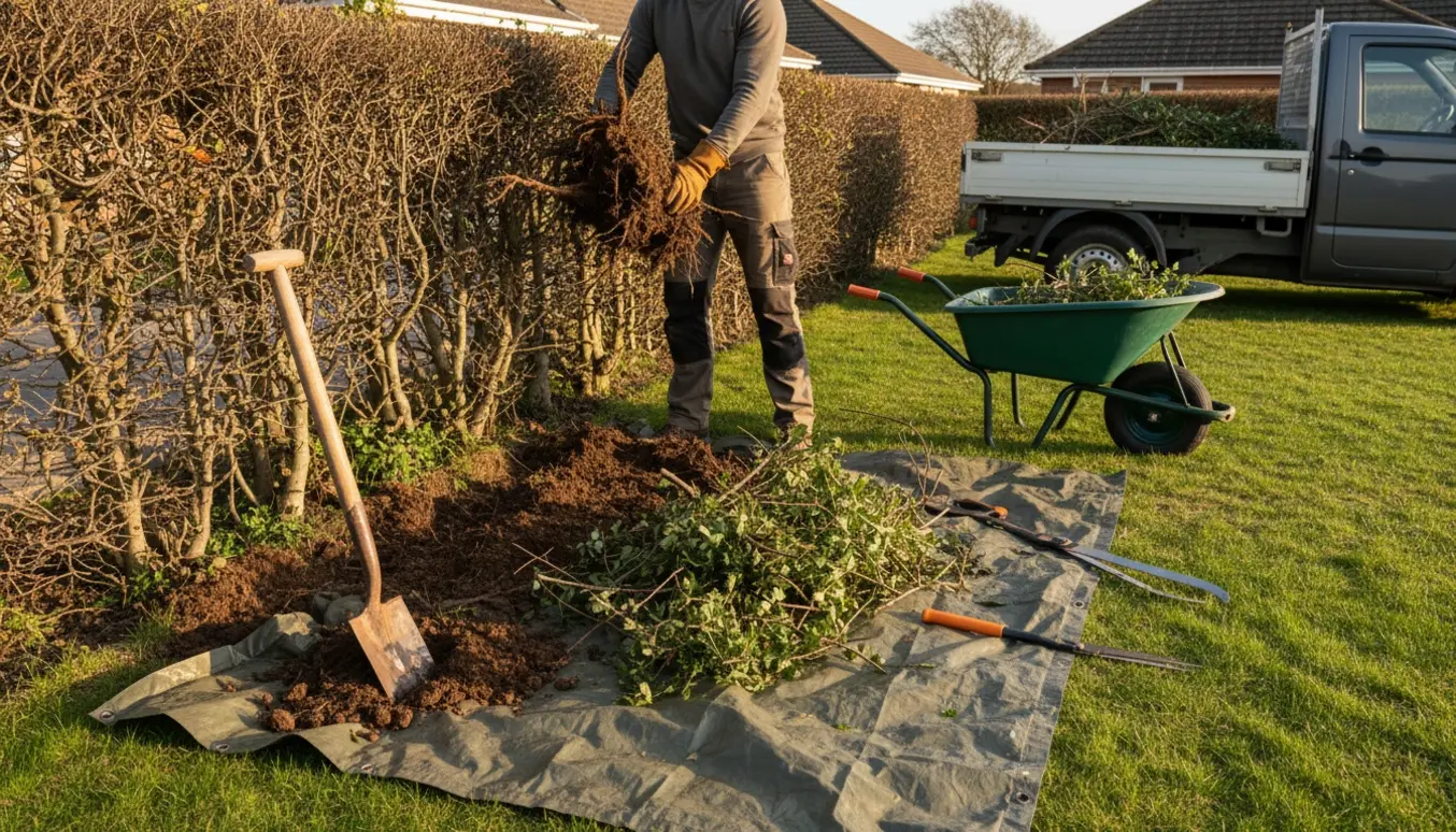 Opgravning og fjernelse af en ca. 4 meter tjørnehæk med skovl, trillebør og bunke af grene i en villahave.