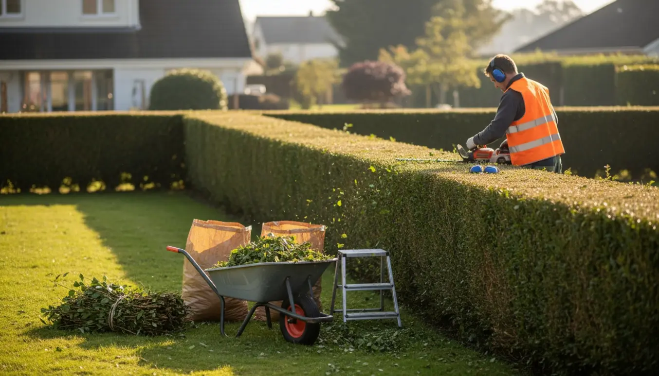 En gartner klipper en ca. 1,5 m høj hæk langs tre sider af en have, med afklip samlet i en trillebør.