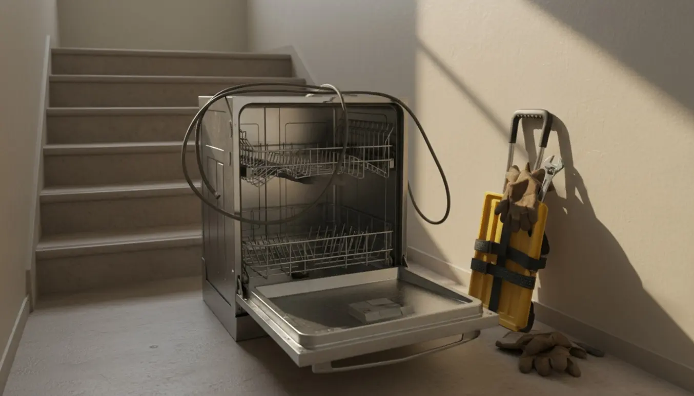 Afmonteret opvaskemaskine på en trappelanding med værktøj og flyttevogn klar til afhentning.