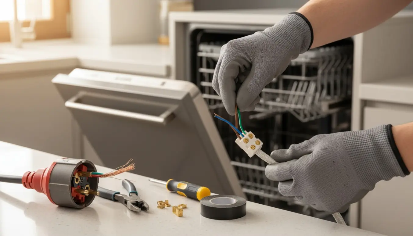 Hænder forbinder ledninger for at konvertere et kraftstik til 230 V ved en opvaskemaskine i et lyst køkken.