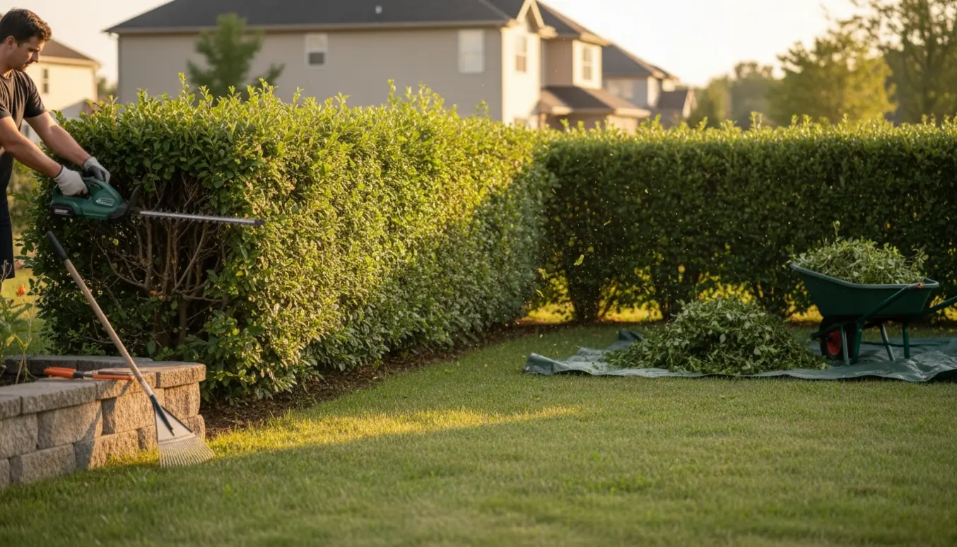 Person trimmer en L-formet hæk i en baghave med elektrisk hækkeklipper og en trillebør med klip.