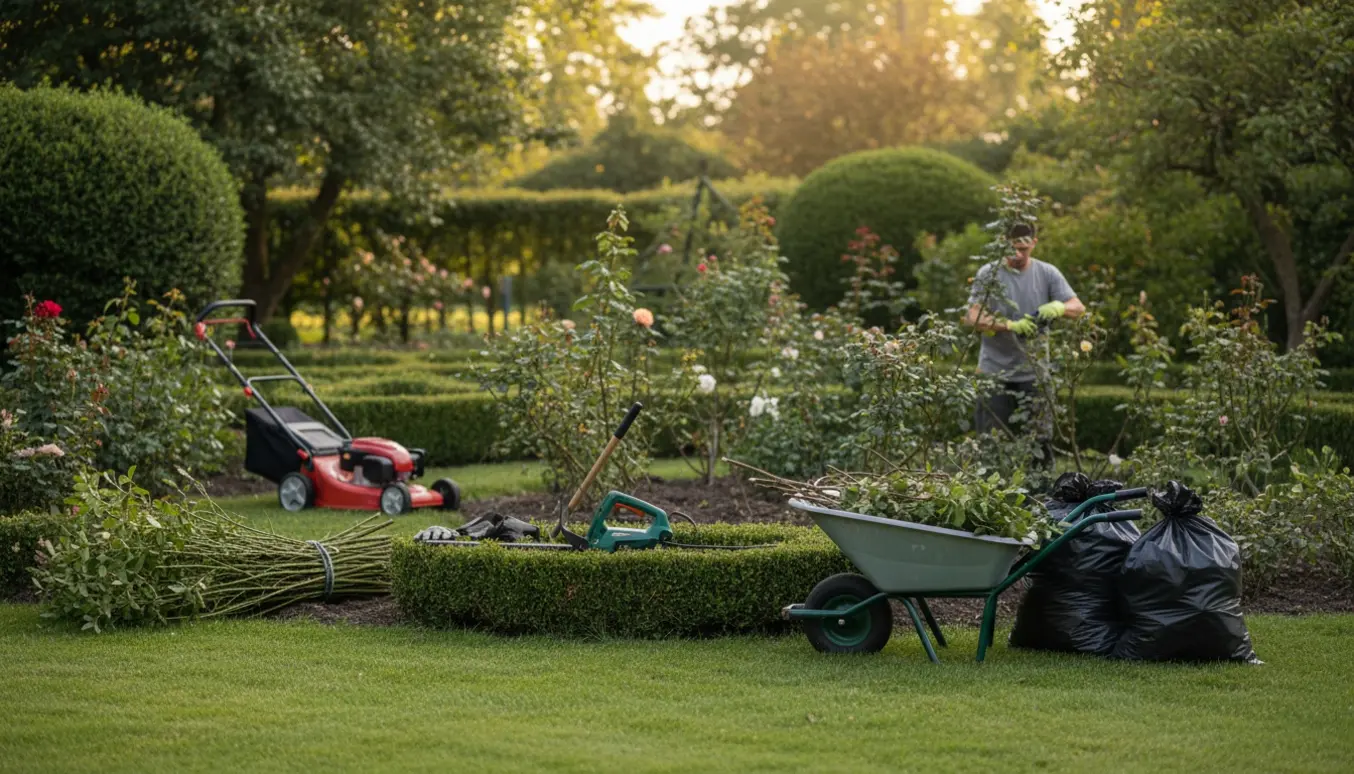 Gartner klipper hæk og beskærer roser i en velplejet villahave med trillebør fyldt med haveaffald.
