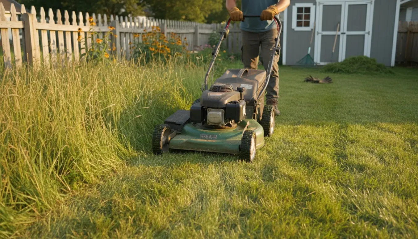 En plæneklipper laver en tydelig ren stribe gennem højt græs i en flad have.