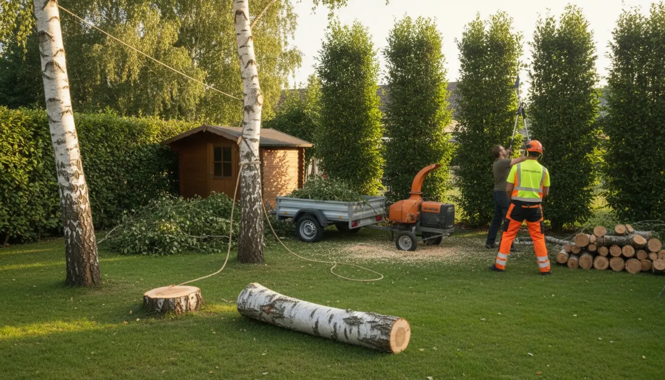 To fagfolk fælder og rydder to birketræer og topklipper hæg tæt ved et lille hus.