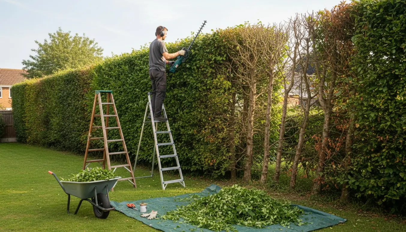 En person på en stige klipper en lang, høj bøgehæk, med nyklippede afklip samlet i en trillebør og bunke.
