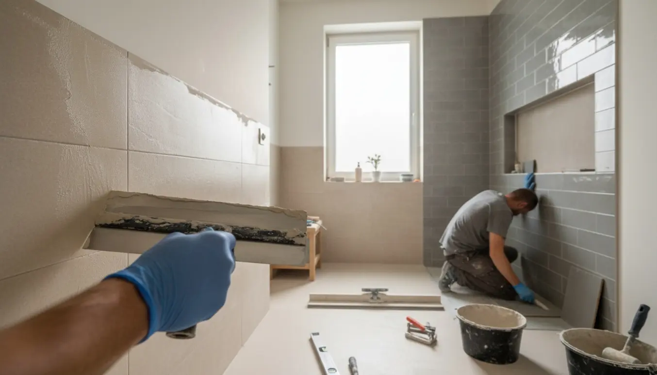 Håndværker pudser badeværelsesvæg og sætter fliser i en bruseniche med værktøj og materialer i billedet.