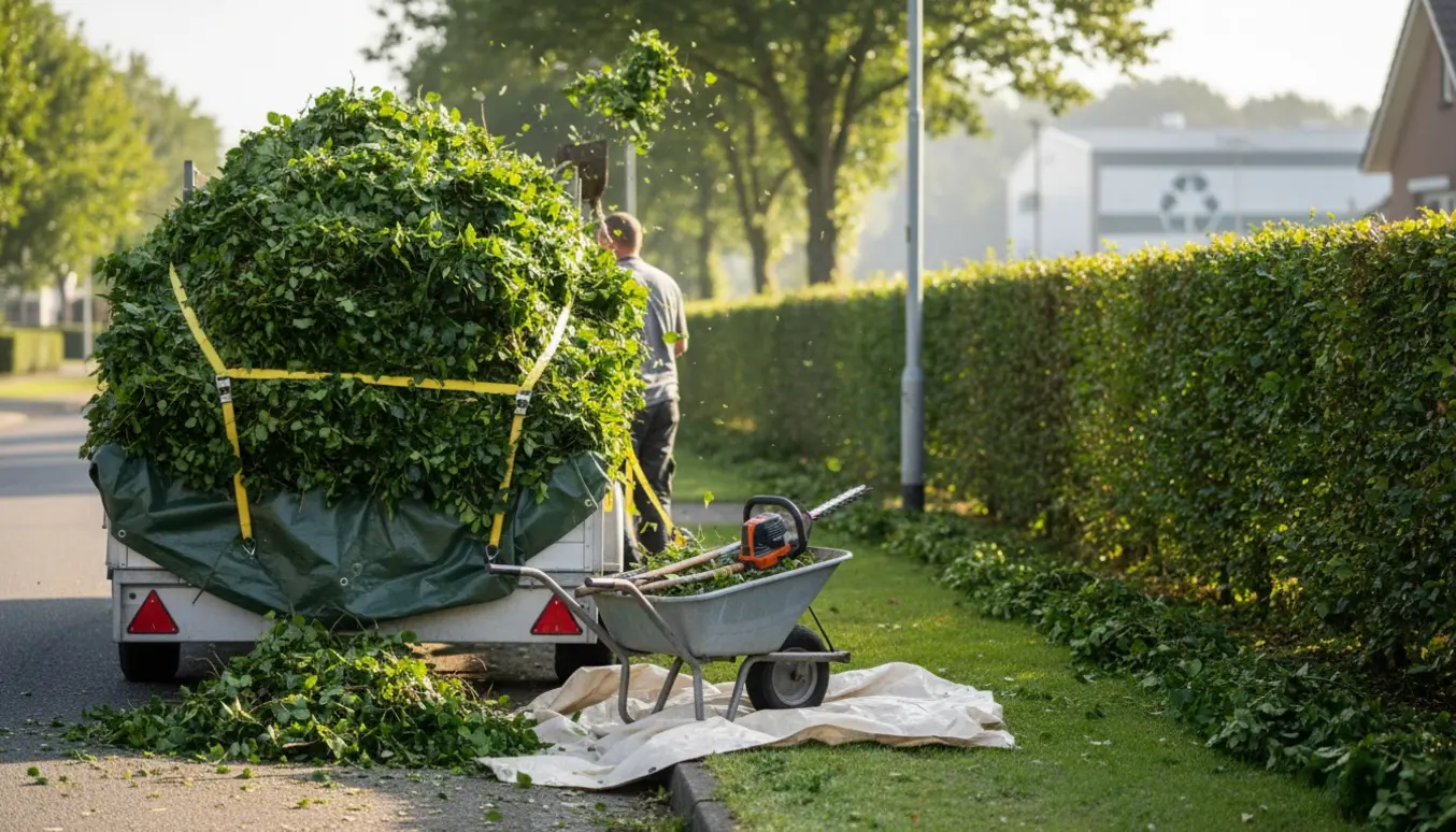 Trailer læsset med nyklippede bøgeklip ved en nyklippet bøgehæk på en villavej.