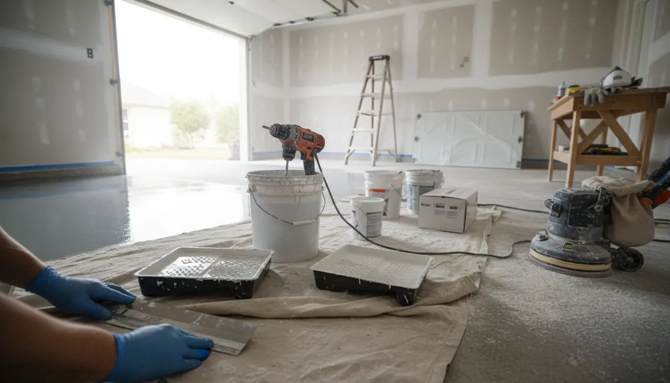 Værktøj og materialer til spartling, slibning og maling af garage med halvfærdige vægge og delvist lagt epoxygulv.