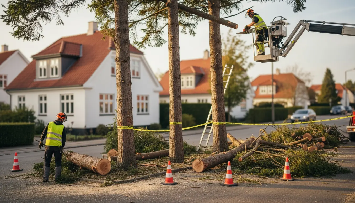 To fyrretræer fældes ved et vejhjørne i Sæby set fra Brolæggervej med arbejdere, kviste og stammer stablet.