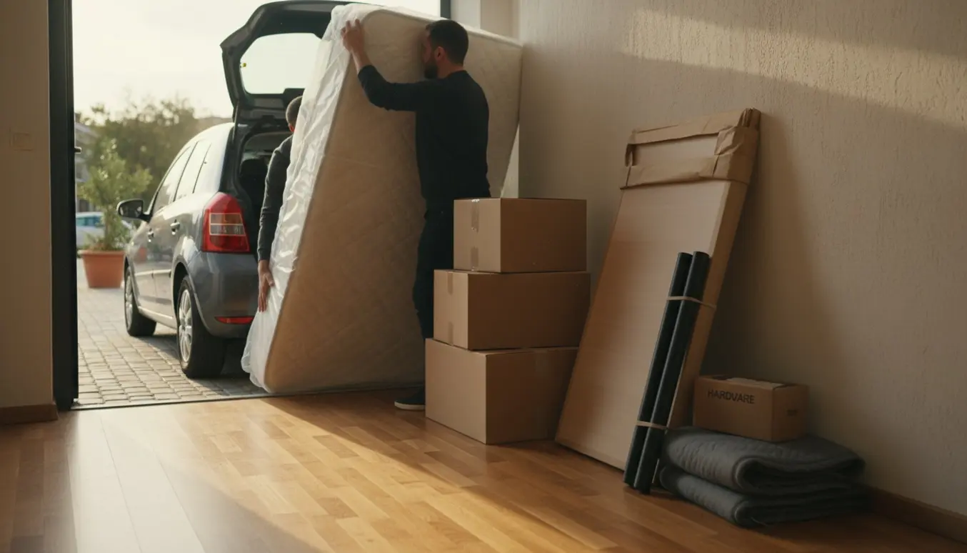 To personer læsser en enkeltseng, usamlede skrivebordskomponenter og papkasser i bagagerummet af en bil ved en åben lejlighedsdør.