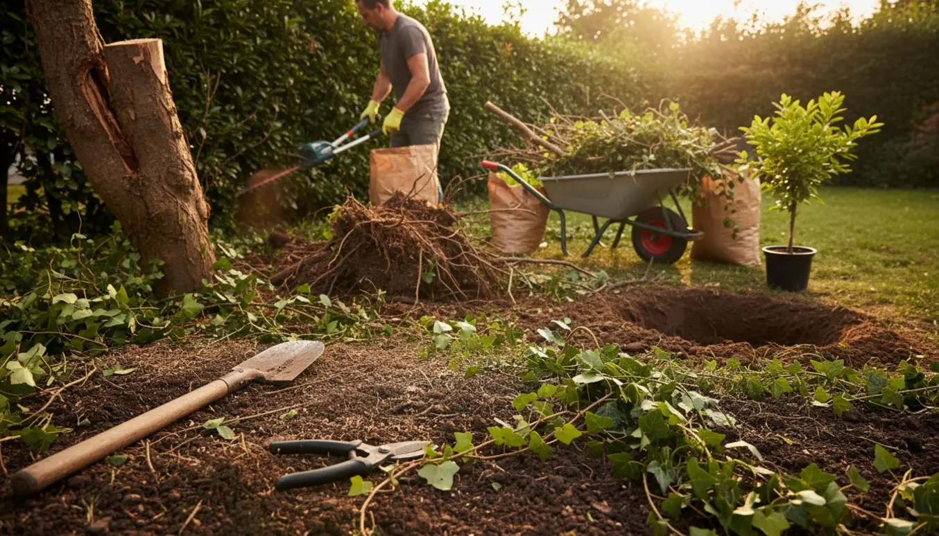Overgroet have under oprydning med hækkeklipper, trillebør fyldt med grønt affald og en åben rodklump.