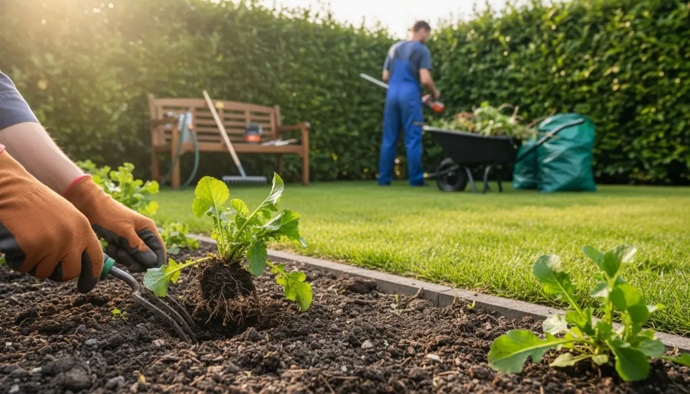 En person luger i en lille have med en pæn, nytrimmet hæk og haveredskaber ved siden af.