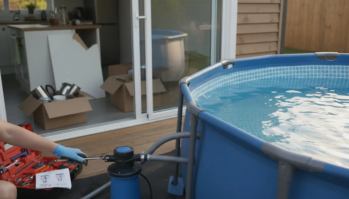 Stålramme-pool 2x4 m under opsætning med filteranlæg og værktøj i haven, køkkenbordplade og flyttekasser ses sløret i baggrunden.