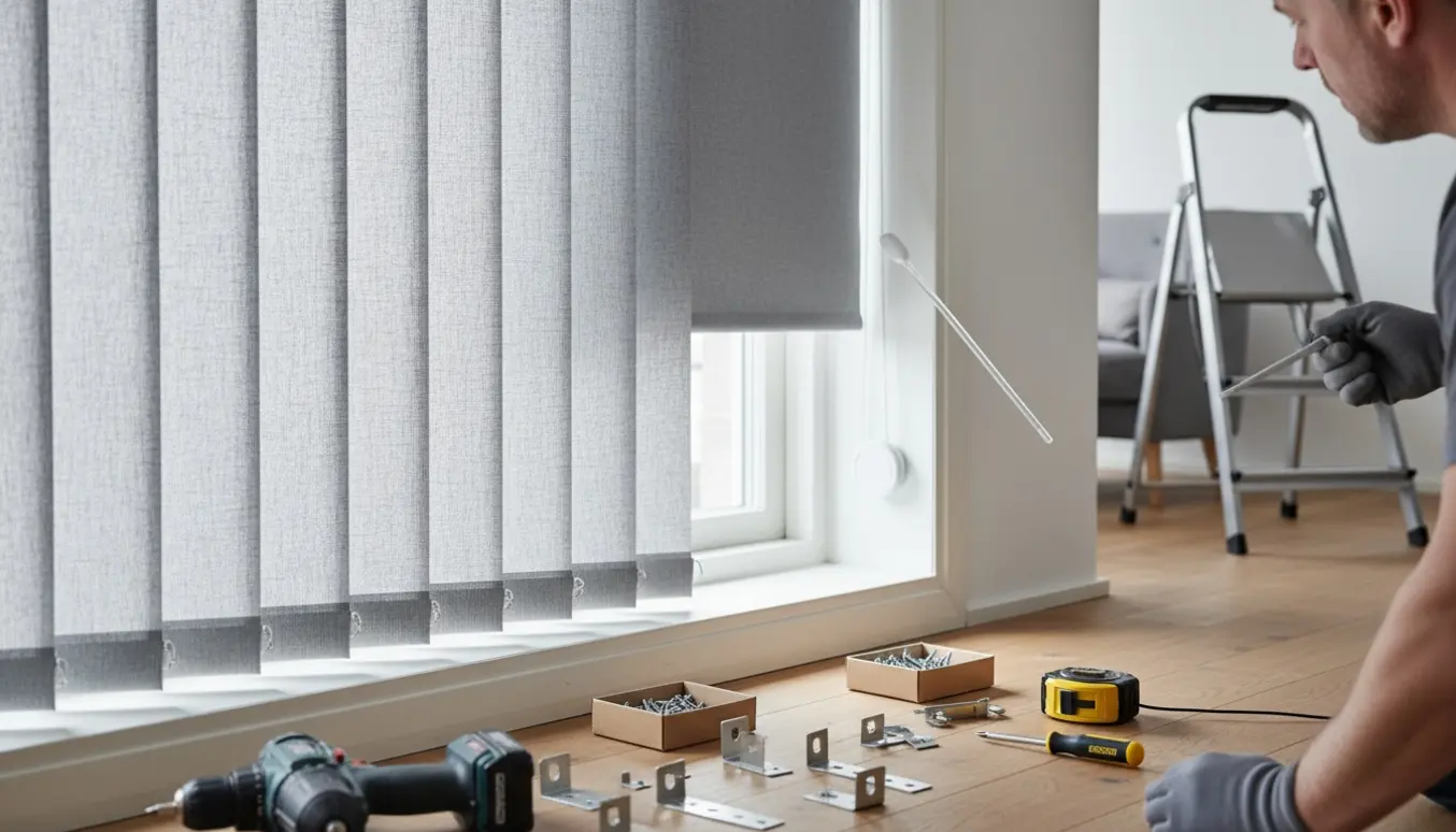 Tre monterede lameller og et delvist sænket mørklægningsrullegardin ved installation i et lyst rum.