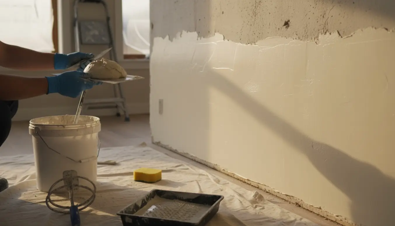 Hænder bruger murske til at spartle og udjævne en indendørs væg, med spand og værktøj i baggrunden.