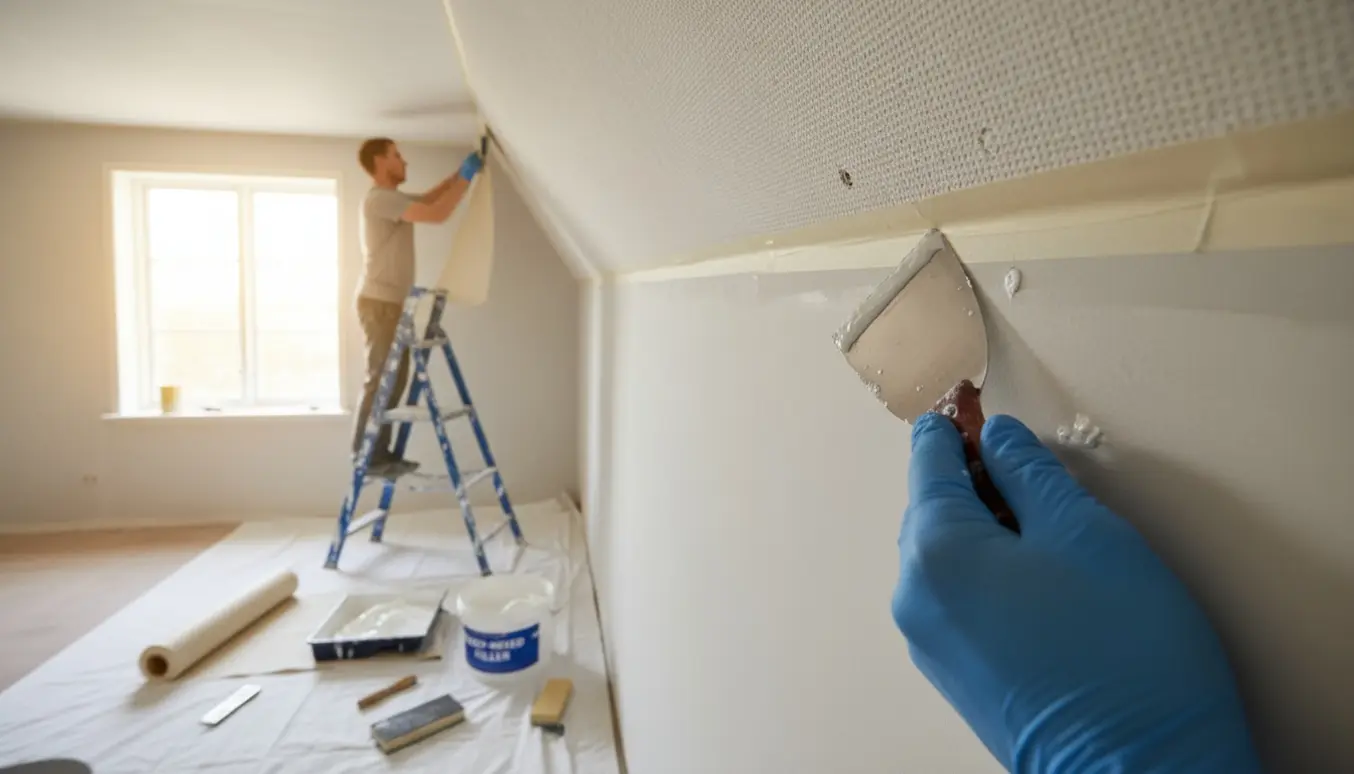 Hånd spartler små huller i loftet, mens glasfilt rulles op og sættes op i et rum med afdækket gulv.