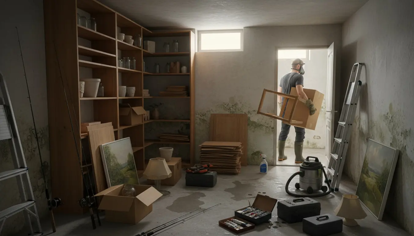 Tømning af et lille kælderrum efter vandskade med reoler, kasser og værktøj under rengøring.