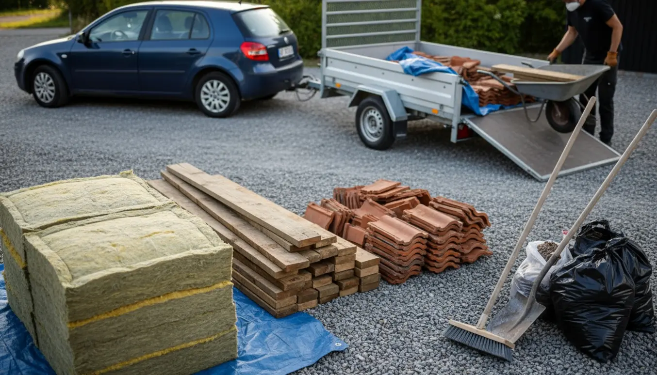 Byggeaffald med gammel Rockwool, træ og tagsten læsset i en lille trailer ved indkørslen.