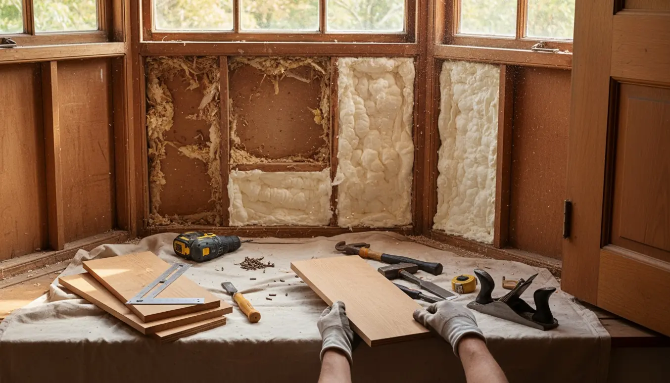 Karnap under reparation med afmonterede brædder, ekspanderende isoleringsskum og værktøj ved en dør, der hænger fast.