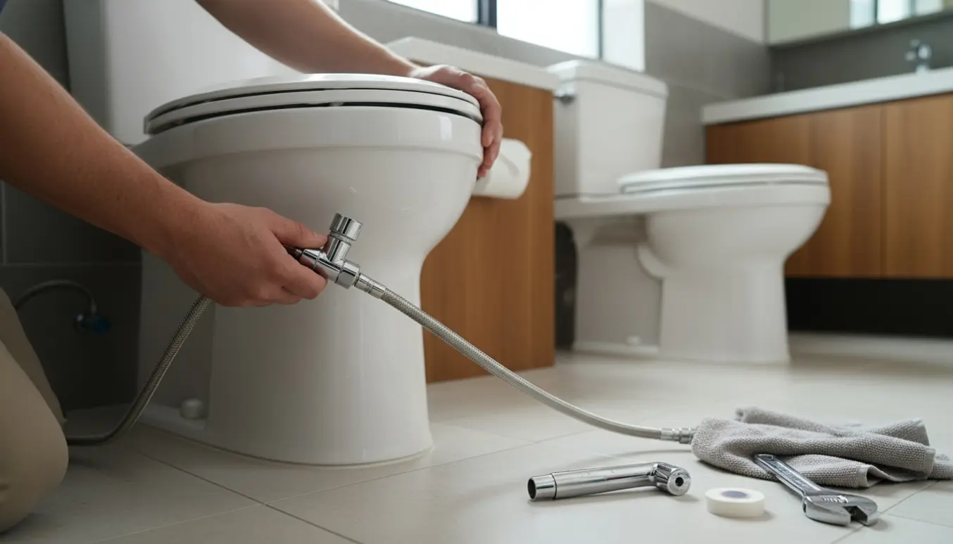 Nærbillede af hænder, der monterer en håndholdt bidetbruser på et toilet med værktøj og et andet toilet i baggrunden.
