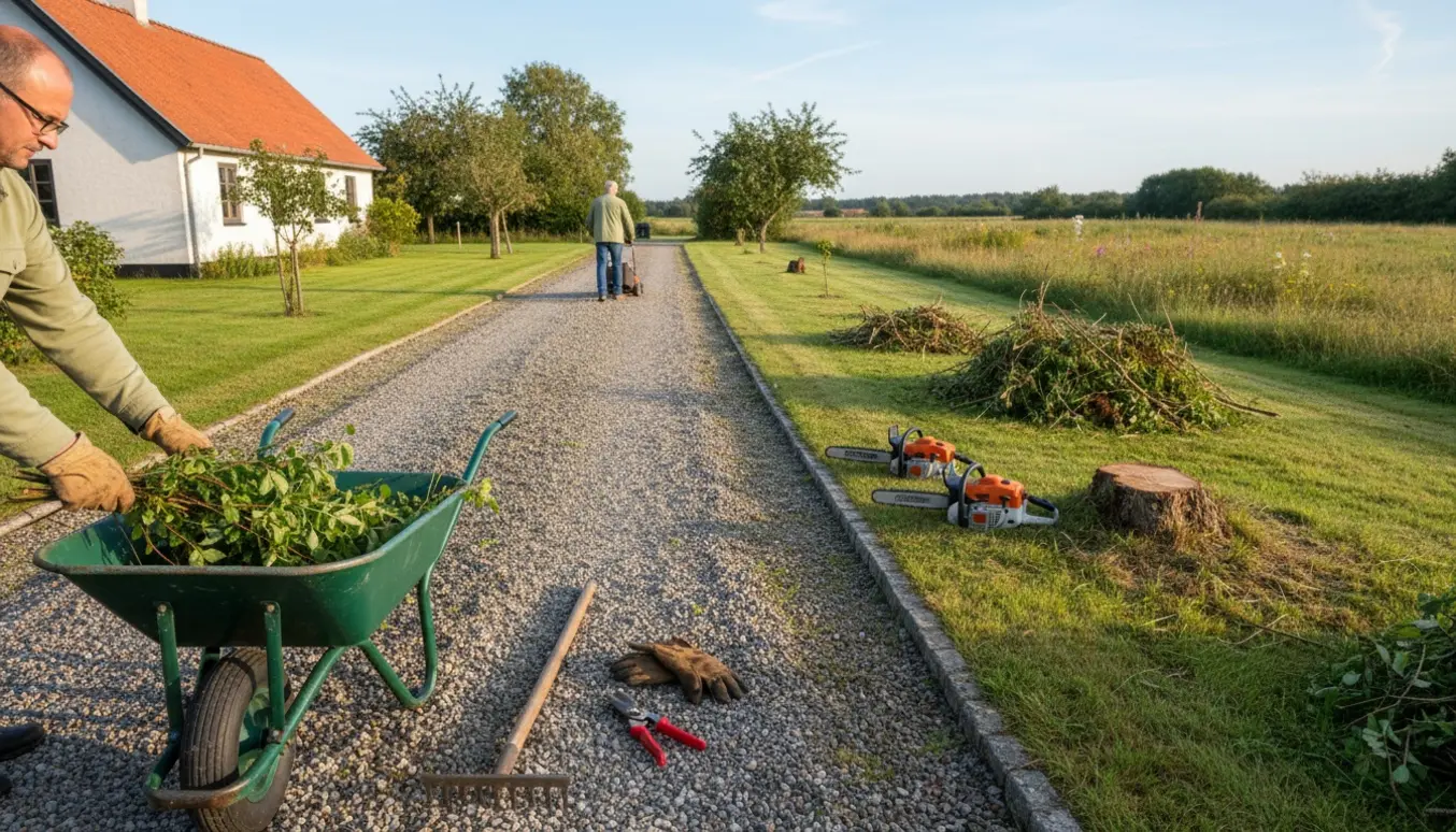 Havearbejde ved et nykøbt hus i Bønnerup: trillebør med beskårne grene, nyslået græs og ryddet indkørsel.