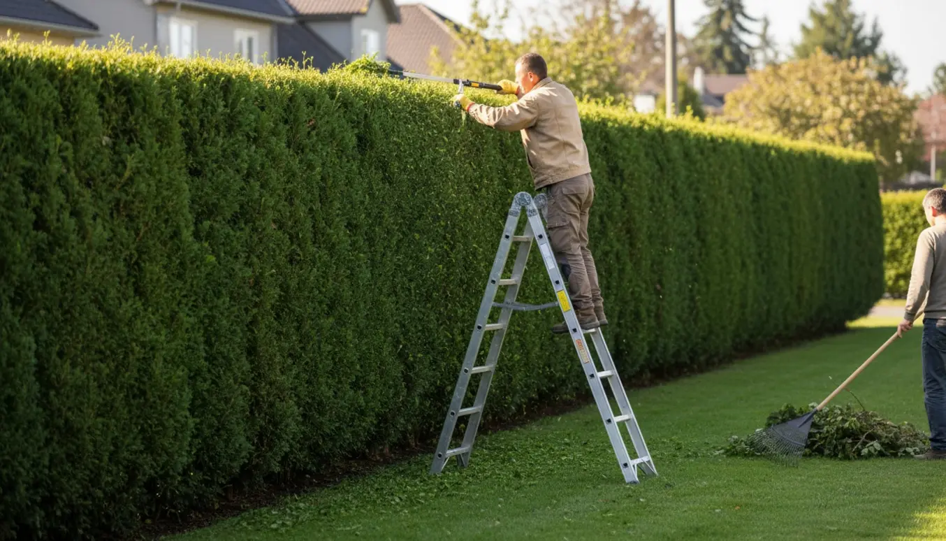 En person står på en høj stige og klipper toppen af en lang hæk med en lang hækkesaks, mens afklip falder ned på græsset.