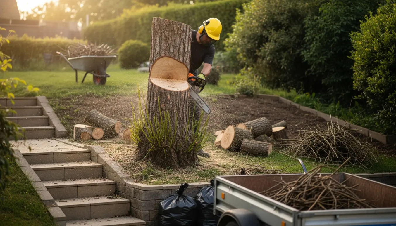 En arbejder set bagfra saver en 2–3 m høj træstub ved en lille skrænt med flisetrapper, omgivet af nysavede grene og en trillebør klar til bortskaffelse.