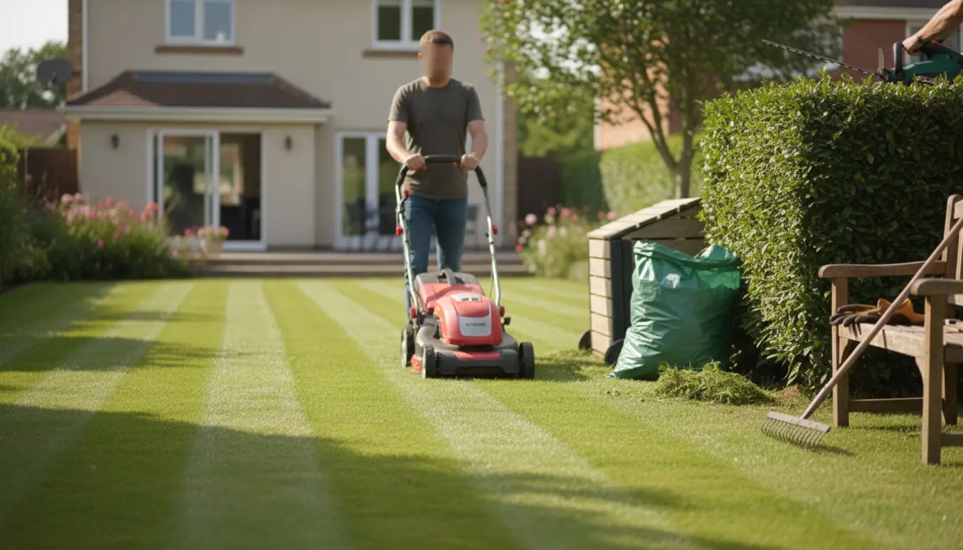 Nyklippet græs og hæk under pasning med plæneklipper og hækkeklipper i en solrig have.
